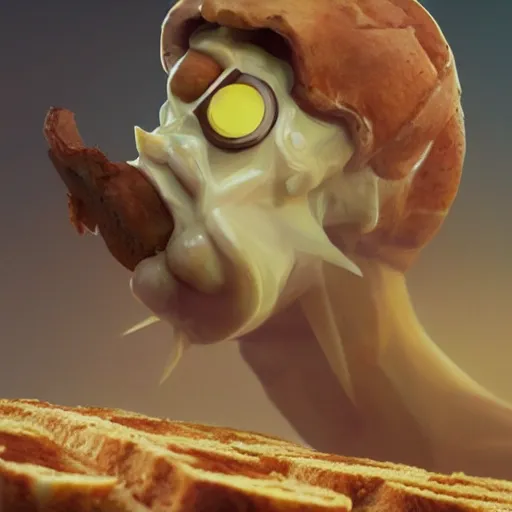 Image similar to portrait of mr viking cinnamon toast, bread type pokemon, strong pixar wheat bread warrior, volumetric lighting, dynamic composition, art by sachin teng and sergey kolesov and ruan jia and heng z, scifi, fantasy, hyper detailed, ultra realistic, sharp focus, wildlife photography, national geographic, octane render, concept art