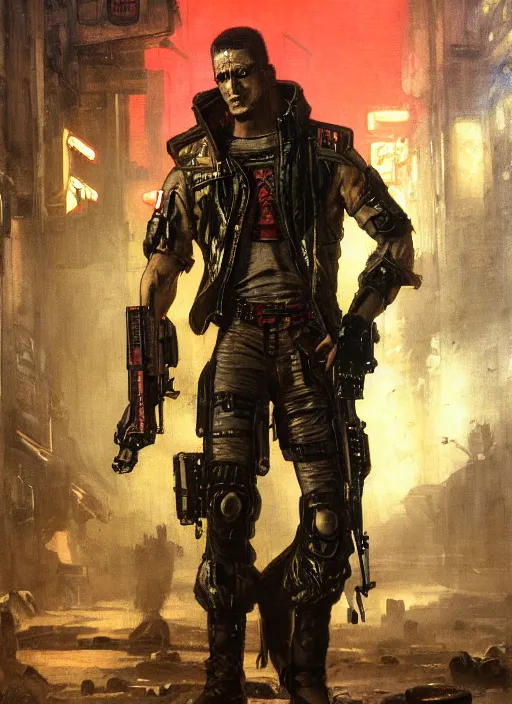 Prompt: frankenstein. cyberpunk mercenary wearing a military vest and combat jumpsuit. (Cyberpunk 2077, bladerunner 2049). Iranian orientalist portrait by john william waterhouse and Edwin Longsden Long and Theodore Ralli and Nasreddine Dinet, oil on canvas. Cinematic, vivid colors, hyper realism, realistic proportions, dramatic lighting, high detail 4k