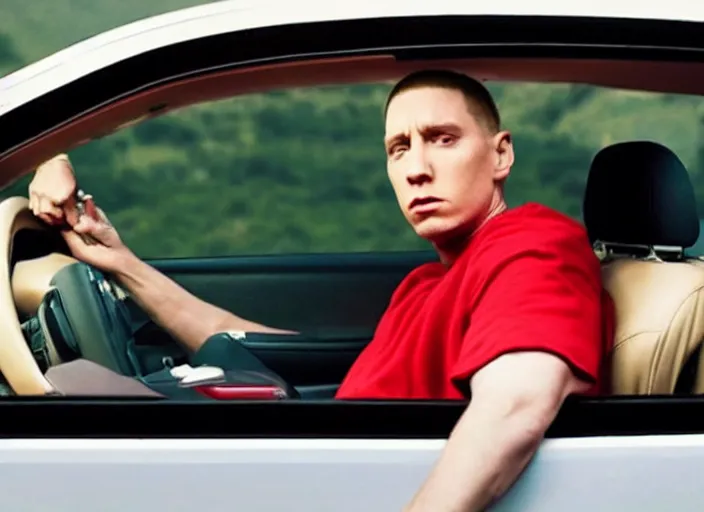 Image similar to a very high resolution image from a new movie, eminem in a car car. inside of a car. alone. mountains, directed by wes anderson