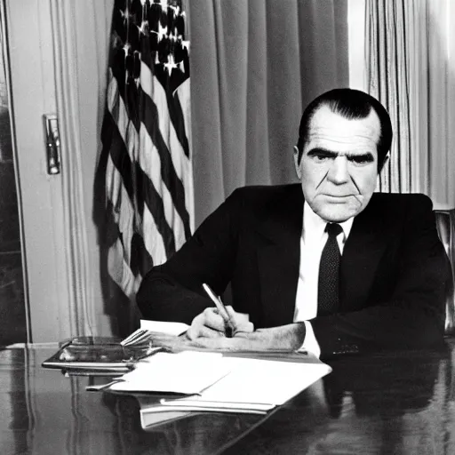 Prompt: Richard Nixon drunk in the oval office, photo