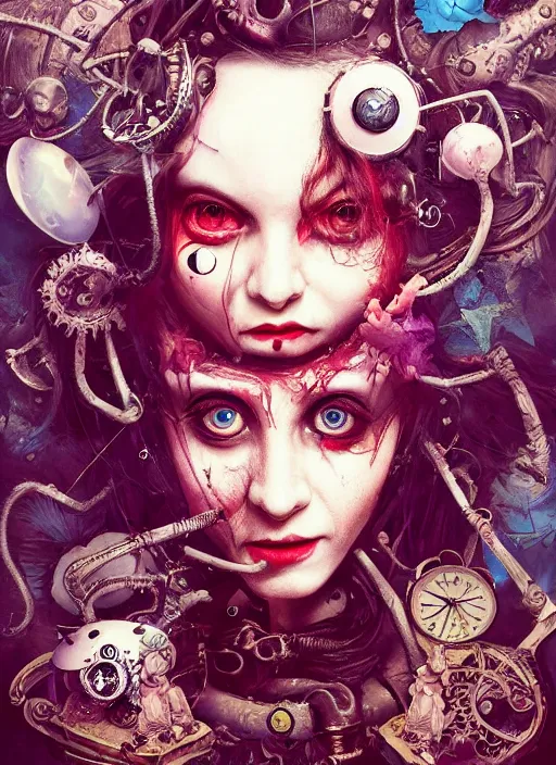 Prompt: alice in wonderland, angry, scary, cheeky, steampunk googles, highly detailed, cinematic, 8 k, by megan duncanson, benjamin lacombe, stanley artgermm, tom bagshaw, craig mullins, carne griffiths, ayami kojima, beksinski, giger, trending on deviantart, hyper detailed, horror, full of colour