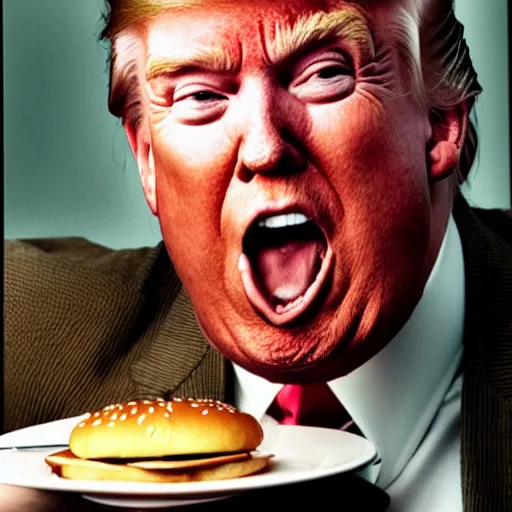 Image similar to closeup portrait of donald trump eating a burger, photograph, natural light, sharp, detailed face, magazine, press, photo, Steve McCurry, David Lazar, Canon, Nikon, focus