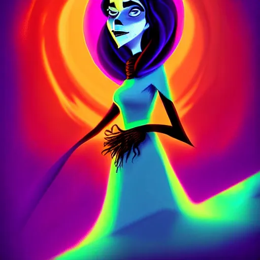 Image similar to curled perspective digital art of a dark hair woman wearing shemagh by anton fadeev from nightmare before christmas