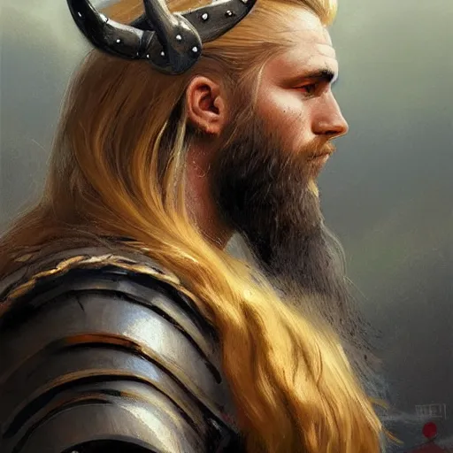 Prompt: a beautiful artwork side profile portrait of a viking warrior with long blonde hair and beard with horns by greg rutkowski , featured on artstation, norse mythology, valhalla