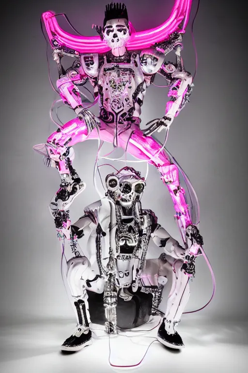 Prompt: full-body rococo and cyberpunk style neon statue of a young attractive mexicano macho chacal android reclining sim roupa con camote, glowing white laser eyes, prince crown of pink gears, diamonds, swirling silver-colored silk fabric. futuristic elements. full-length view. space robots. human skulls. intricate artwork by caravaggio. Trending on artstation, octane render, cinematic lighting from the right, hyper realism, octane render, 8k, depth of field, 3D