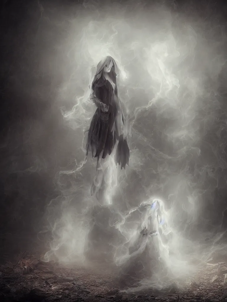 Image similar to cute fumo plush gothic angel maiden girl in hood ghost wraith making an apparition in an abandoned church, fallen angel, wisps of smoke and glowing volumetric fog, vignette, vray