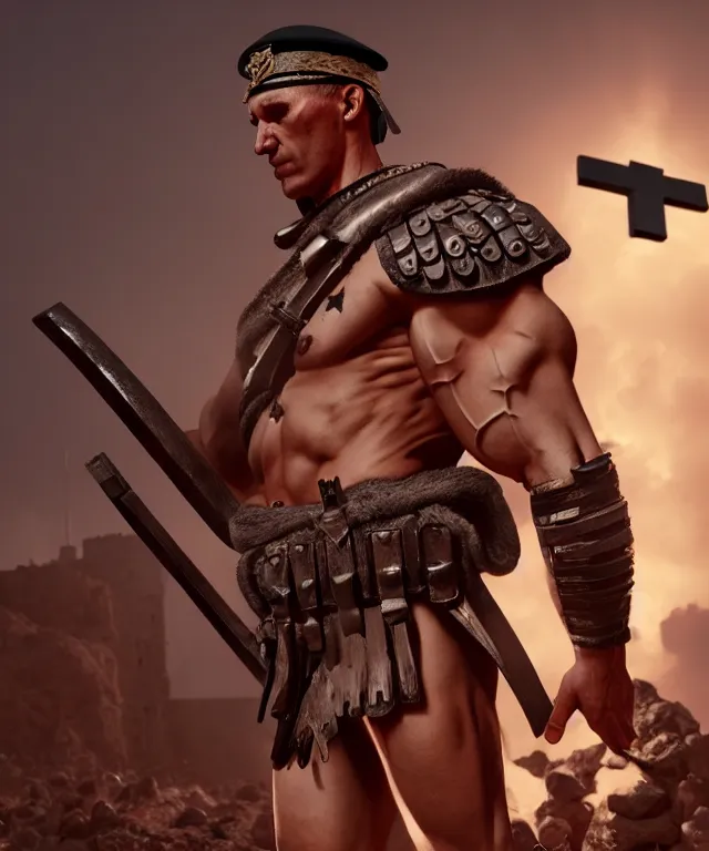 Prompt: muscular roman soldier with a white cross in the chest by simon bisley, dale keown and greg rutkowski, vivid color scheme, unreal engine 5