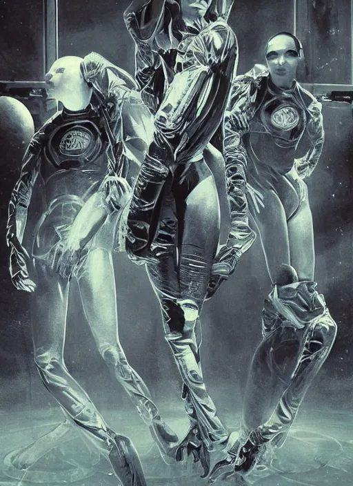 Image similar to astronauts girls in dark void underwater - complex and hyperdetailed technical suit design. reflection and dispersion materials. rays and dispersion of light. volumetric light. f / 3 2. noise film photo. flash photography. ultra realistic, wide angle. poster by wayne barlowe, hajime sorayama aaron horkey, craig mullins