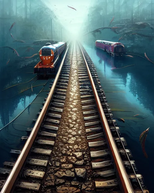 Image similar to train tracks stretching out toward the horzon that are submerged under a few inches of water in a wide pool of water, intricate, elegant, highly detailed, digital painting, artstation, concept art, smooth, sharp focus, illustration, art by artgerm and greg rutkowski and fra angelico