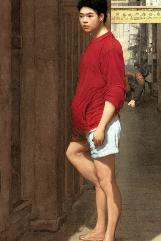 Image similar to Full-length portrait of a handsome!! young pregnant!! male on the streets of Hong Kong, wearing shorts, historically reliable photo chronicle, 1995, ultra detailed digital art, octane render, 4K, by John William Waterhouse and Edwin Longsden Long and Theodore Ralli and Nasreddine Dinet