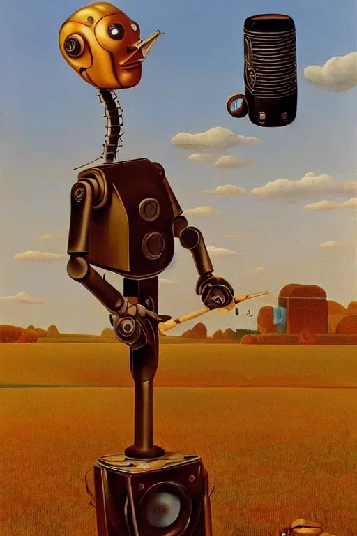 Prompt: country bumpkin robot, playing a gigantic banjo, standing on a speaker, high detail, style of salvador dali, on a stage, painting by rene magritte, trending on artstation, cyberpunk, style of michael cheval, hyper realistic, s, 8 k