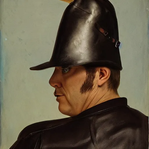 Prompt: a surrealism portrait of a man in a leather jacket with big shoulders and multiple hats on his head, 8k,