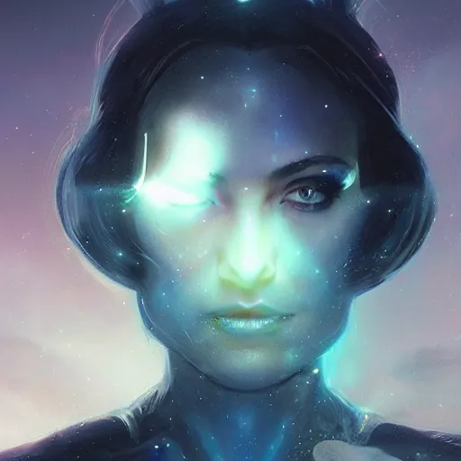 Image similar to a beautiful portrait of a cosmic goddess by Greg Rutkowski and Jim Burns, Trending on Artstation, nebula background