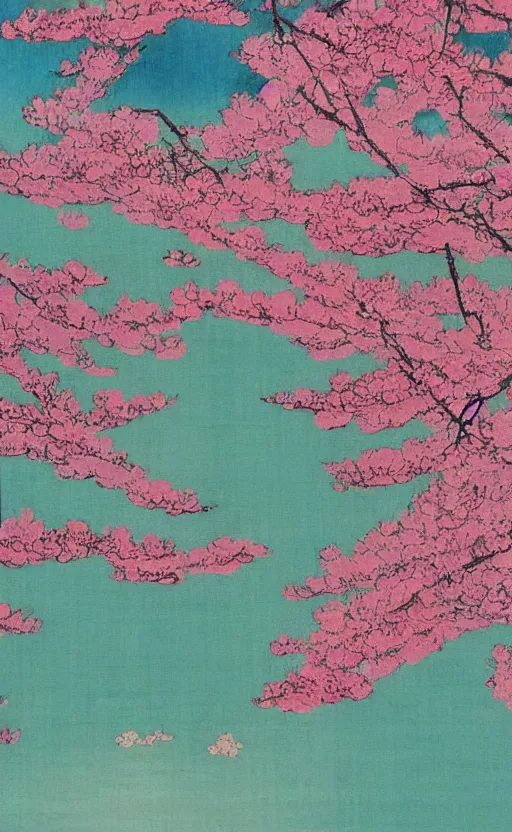 Image similar to by akio watanabe, manga art, the curtain of a japanese theatre painted of cherry blossoms, trading card front, sun in the background