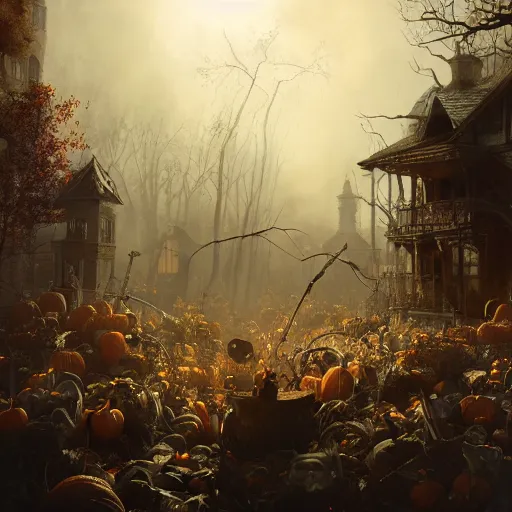 Prompt: halloween harvest festival, volumetric lighting, 8 k octane beautifully detailed render, post - processing, extremely hyper - detailed, intricate, epic composition, cinematic lighting, masterpiece, trending on artstation, detailed detailed detailed, masterpiece, stunning art by anders zorn, wonderful masterpiece by greg rutkowski, beautiful cinematic light,