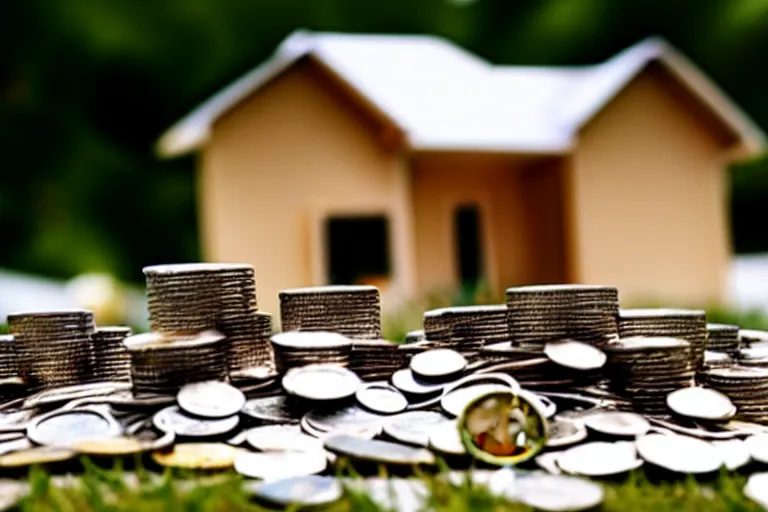 Image similar to a house, under construction, made of money, with piles of coins around it