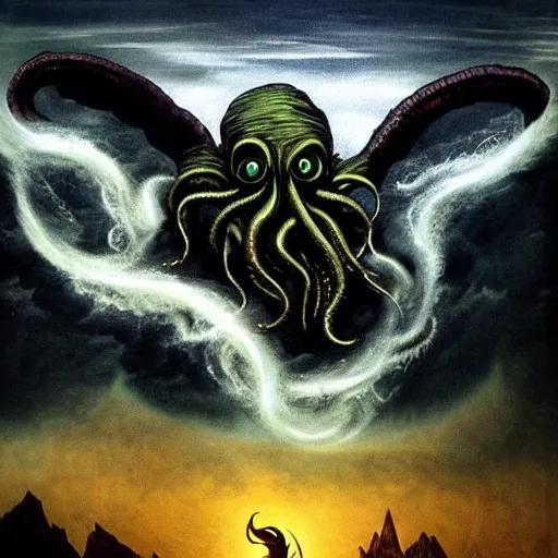 Image similar to cthulhu rising above the ocean and spreading its demonic wings, ominous, dark clouds, storm, lightning seen on the background, lovecraft