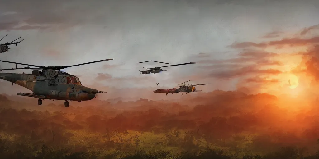 Image similar to Painting of vietnam Huey Helicopters, above a forest, orange sun set, abstract, realism, 8k, detailed, octane render, glow, war