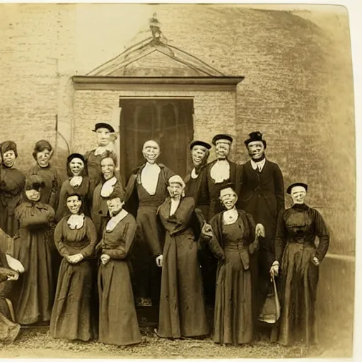 Prompt: Victorian Photograph of Medical students outside posing for a photograph next to a skeleton