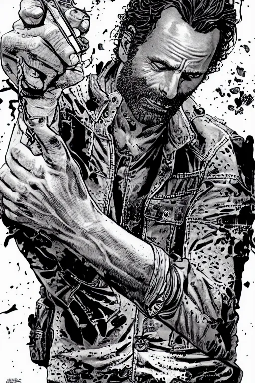 Image similar to portrait of rick grimes missing his right hand. comic accurate. art by glenn fabry.