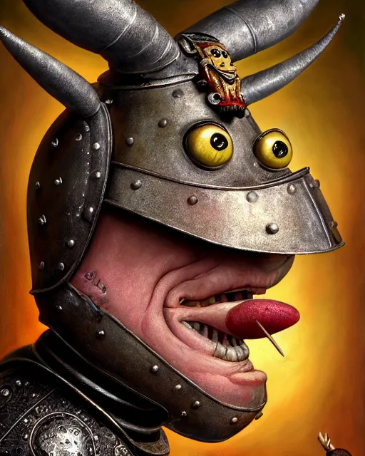 Image similar to highly detailed closeup, face profile portrait of a tin toy matt damon as a medieval demon with horns eating cakes in a castle, hyper realistic, artstation, illustration, nicoletta ceccoli, mark ryden, lostfish, dan decarlo, bob clampett, max fleischer, digital paint, matte paint, vivid colors, detailed and intricate environment