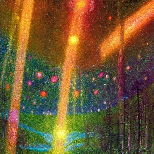 Image similar to psychedelic glowing animal eyes lush pine forest, outer space, milky way, designed by arnold bocklin, jules bastien - lepage, tarsila do amaral, wayne barlowe and gustave baumann, cheval michael, trending on artstation, star, sharp focus, colorful refracted sparkles and lines, soft light, 8 k 4 k