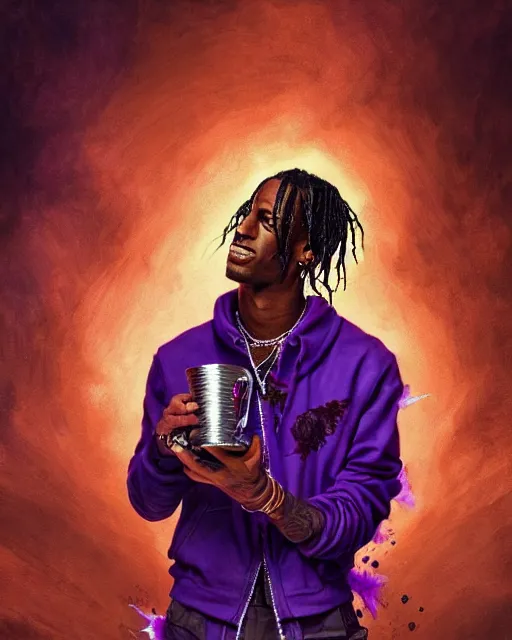 Image similar to travis scott holding cup of codeine, accurate details, detailed face, purple liquid in cup glowing, fantasy, dramatic, intricate, elegant, highly detailed, digital painting, artstation, concept art, smooth, sharp focus, illustration, art by Gustave Dore, octane render