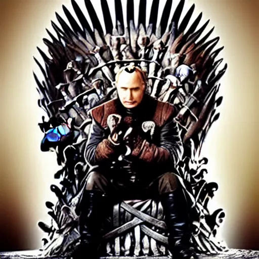 Image similar to “Putin sitting on the iron throne award winning, 4k realistic Photograph, face highly detailed”