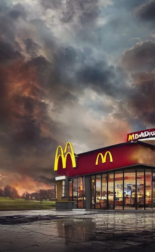 Image similar to beautiful epic painting of a uk mcdonalds in an apocalypse. thunder, lightning, fantasy art, hd, ultrawide angle,, hq. very detailed.