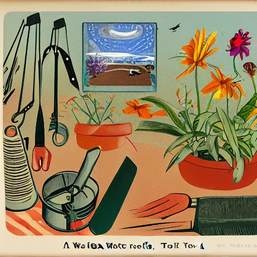 Image similar to a walter wick ( i spy book illustrator ) photographic illustration of gardening tools in space