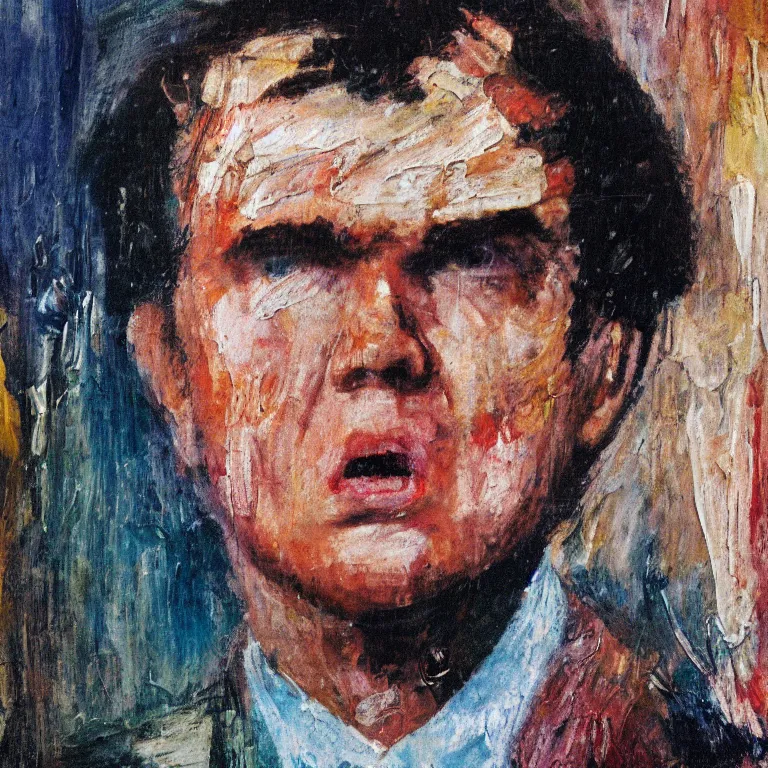 Prompt: warmly lit close up studio portrait of young angry!! teenage Richard Nixon angrily singing, impasto oil painting thick brushstrokes by Cy Twombly and Anselm Kiefer , trending on artstation dramatic lighting abstract Expressionism