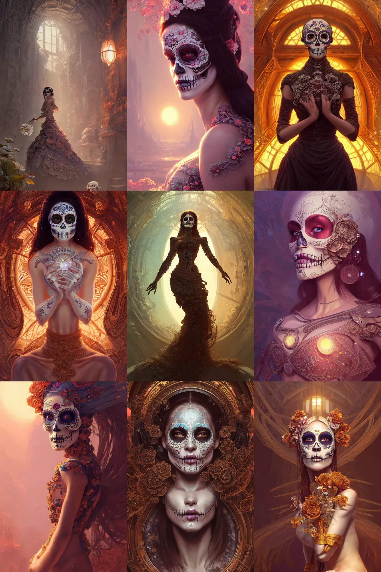 Prompt: beautiful female android, intricate elegant, intricate detailed environment, professional digital painting, dia de los muertos, concept art, extreme illustration, unreal engine 5, photorealism, hd quality, 8 k resolution, cinema 4 d, 3 d, beautiful, cinematic, art by artgerm, greg rutkowski, alphonse mucha, loish, wlop