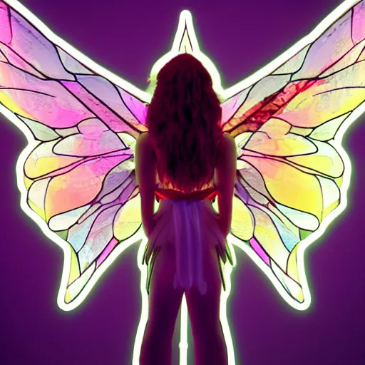 Prompt: brightly lit winged fairy in a dim dark forest with stained glass wings cute colorful 4 k path traced high definition detailed artstation realistic trending dramatic lighting high contrast neon defined face