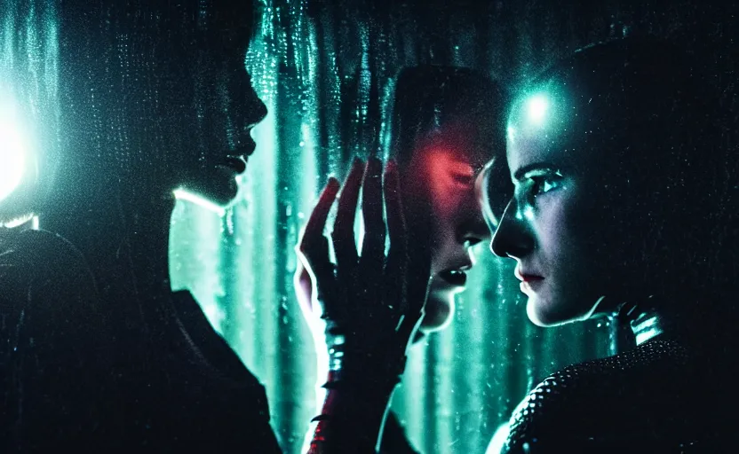 Image similar to cinestill 5 0 d candid photographic portrait by christopher nolan of two loving female androids sobbing wearing rugged black mesh techwear in treacherous waters, medium closeup, modern cyberpunk moody emotional cinematic, pouring iridescent rain bright spotlight, 8 k, hd, high resolution, 3 5 mm, f / 3 2, ultra realistic faces, ex machina