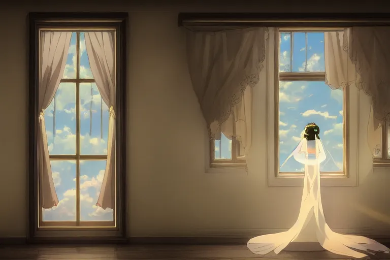 Image similar to a beautiful detailed picture of window, a bride and a groom, sky, by makoto shinkai