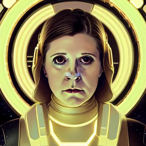 Image similar to symmetry!! portrait of young carrie fisher, gold sci - fi armour, tech wear, glowing lights!! sci - fi, intricate, elegant, highly detailed, digital painting, artstation, concept art, smooth, sharp focus, illustration, art by artgerm and greg rutkowski and alphonse mucha