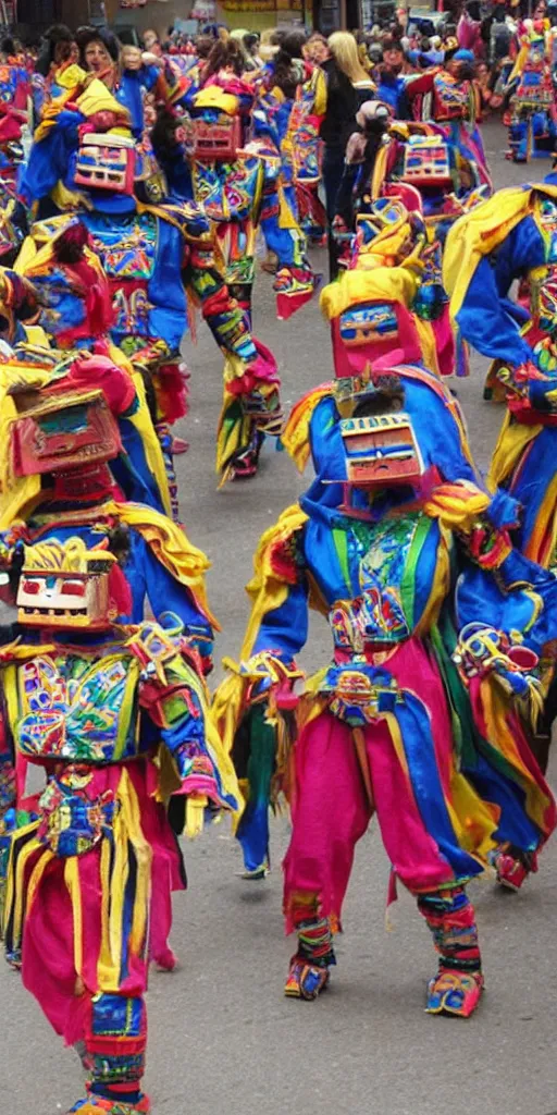 Image similar to extremely happy dancing inca robots