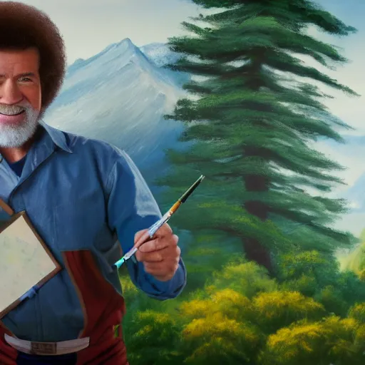 Prompt: a closeup photorealistic photograph of bob ross holding a paintbrush and diligently finishing a canvas painting depicting iron man. mountains and trees. film still. brightly lit scene. this 4 k hd image is trending on artstation, featured on behance, well - rendered, extra crisp, features intricate detail, epic composition and the style of unreal engine.