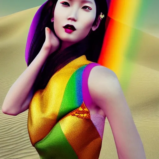 Image similar to innovative avant-garde art, deco fashion, asian women, wearing rainbow color, highly detailed, photo-realistic portrait, serene desert setting, golden hour, crisp quality and light reflections, unreal engine 5 quality render