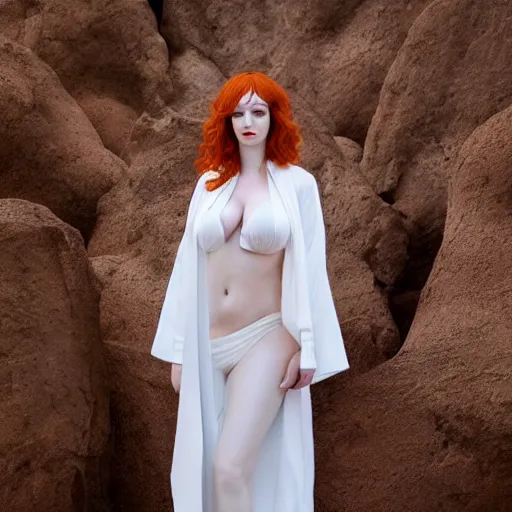 Image similar to symmetry!! christina hendricks!!! full frontal body photography of skinny christina hendricks in white robes standing in the desert, blushing, red - cheeks!!, dim volumetric cinematic lighting, 8 k, detailed - face!!, red lips, post - processing, extremely hyper - detailed, intricate, epic composition, masterpiece, stunning, leica sl 2 5 0 mm