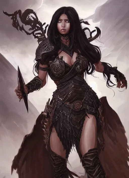 Image similar to beautiful warrior lady, black long hair, practical armor, brown skin, demonic eyes, low fantasy, extremely detailed, sharp focus, smooth, digital illustration, by rossdraws, frank franzzeta, sakimichan