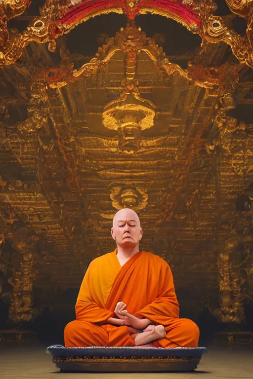 Prompt: Donald Trump meditating in a Buddhist Temple, cinematography by Wes Anderson, 4k octane render, intricate detail, photorealistic , cinematic lighting, Artstation