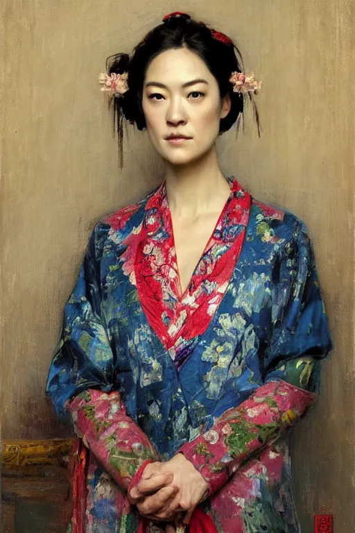 Image similar to Yvonne Strahovski by Solomon Joseph Solomon and Richard Schmid and Jeremy Lipking victorian genre painting full length portrait painting of 张国荣 in traditional costume