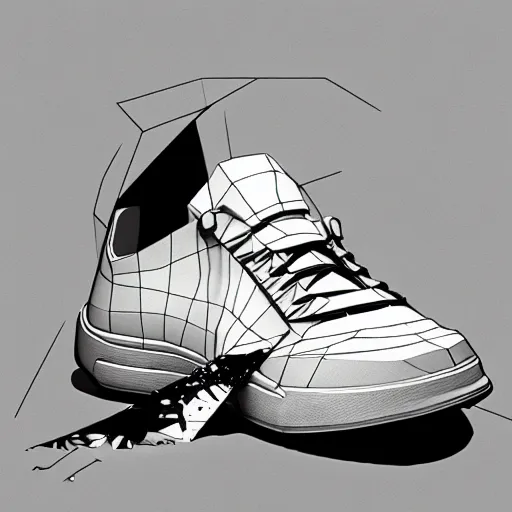 Image similar to low poly 8 k render damaged shoe, conceptual, intricate detailed painting, illustration sharp detail, manga 1 9 9 0