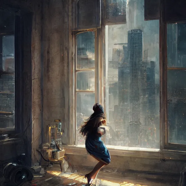 Image similar to window, woman, buildings, surprise, scared, couch by wlop, artgerm, greg rutkowski, evocative, highly detailed