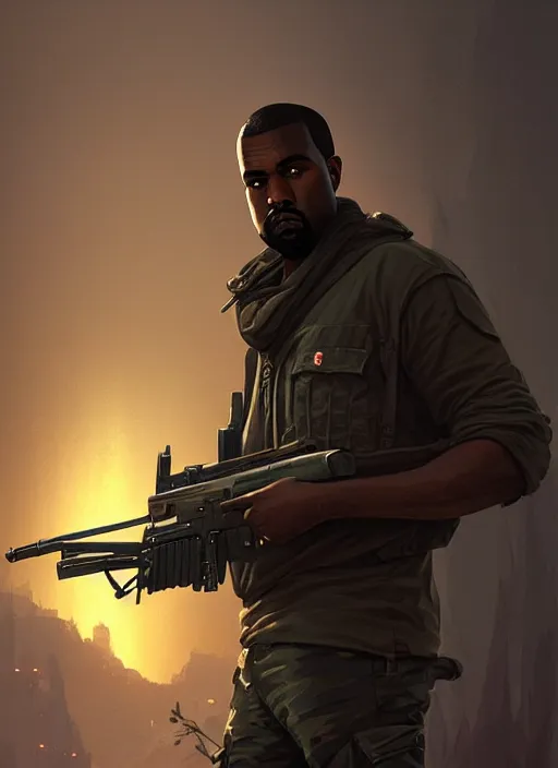 Image similar to highly detailed portrait kanye holding rifle in gta v stephen bliss unreal engine fantasy art by greg rutkowski loish rhads ferdinand knab makoto shinkai lois van baarle ilya kuvshinov rossdraws tom bagshaw global illumination radiant light detailed intricate environment