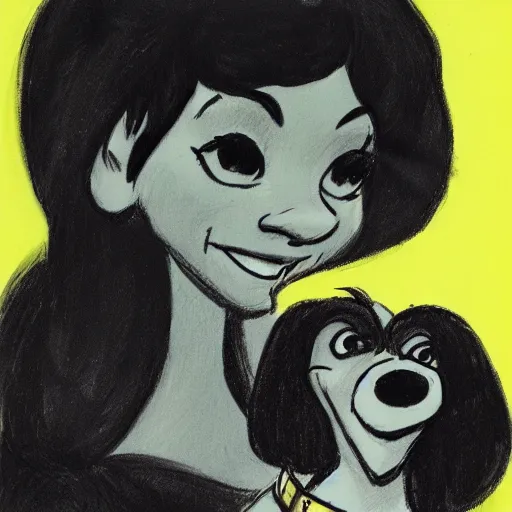 Image similar to milt kahl sketch of black hair cuban girl with dog nose