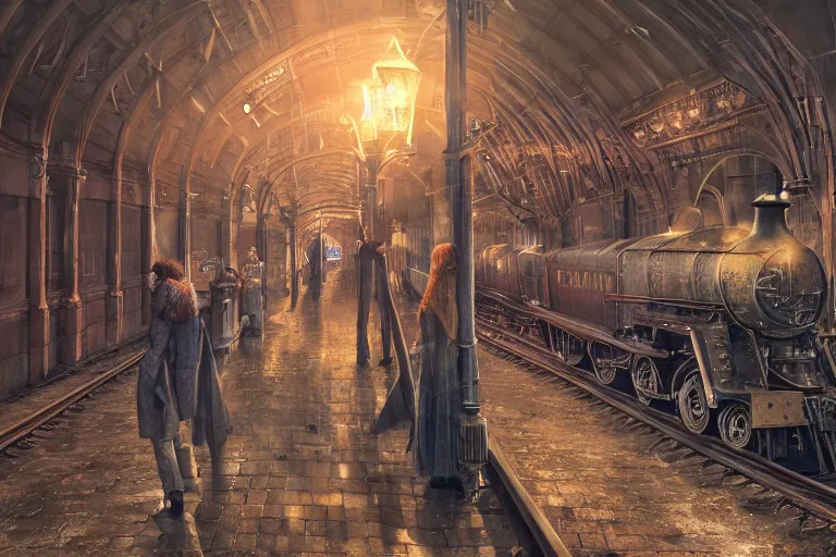 Image similar to some wizard waiting in hogwart train station in quiet dark city, hyper detailed, orange red blue tones dramatic lighting, cgsociety, realistic, hyper detailed, insane details, intricate, dramatic lighting, hypermaximalist, golden ratio, rule of thirds, octane render, weta digital, micro details, ultra wide angle, artstation trending, 8 k,