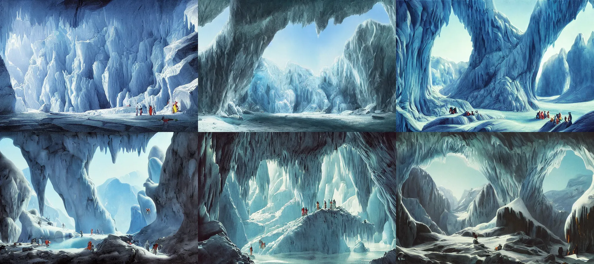 Prompt: Mendenhall ice cave landscape in the style of Dr. Seuss, starships, painting by Raphael Lacoste