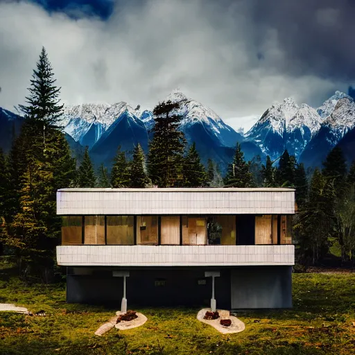 Image similar to wes anderson style modern futuristic house near the lake, snowy mountains and green forest, cinematic, realism, photo, detailed